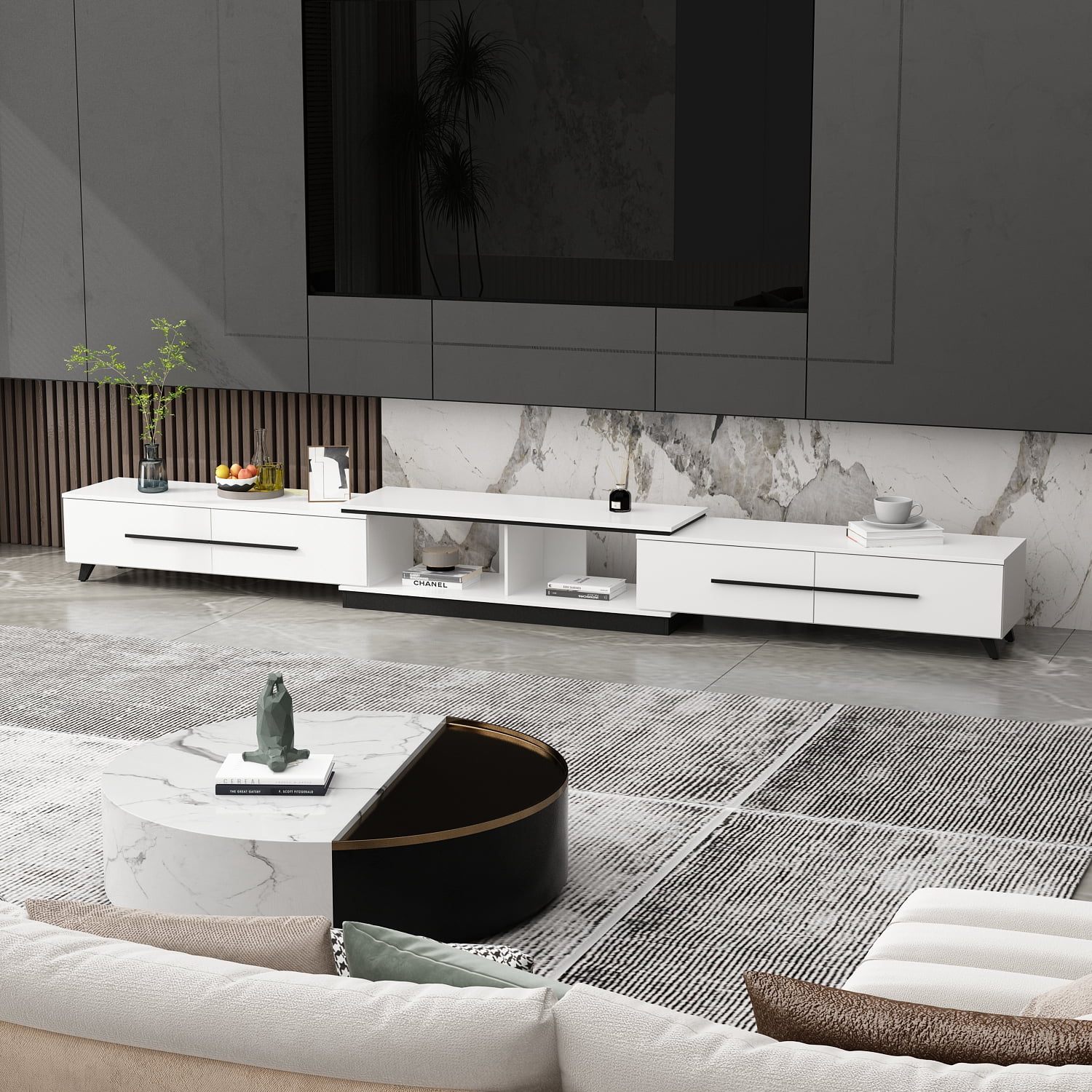 OXYLIFE 95"-136.2" Deformable TV Stand with Drawers, Entertainment Centre for Living Room, White
