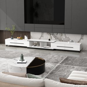 OXYLIFE 95"-136.2" Deformable TV Stand with Drawers, Entertainment Centre for Living Room, White