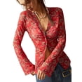 thumbnail image 2 of Women'S Long Sleeve Shirts Boho Floral Print Blouses Button Down V Neck Fitted Tops Red XXL, 2 of 8