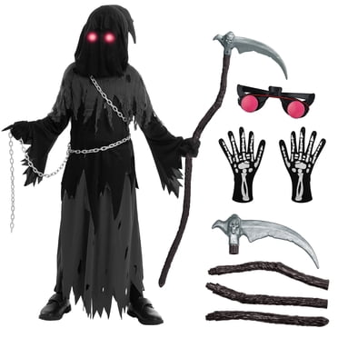 Joyfy Costume de Faucheur d'Halloween aux Yeux Lumineux pour Enfants, Tenue Effrayante pour Garçons, Costume de Fantôme, L