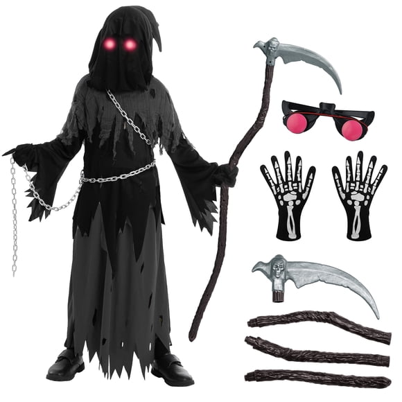 Joyfy Grim Reaper Halloween Costume with Glowing Eyes for Kids, Boys Scary Dress-Up Outfit Phantom Costume, L