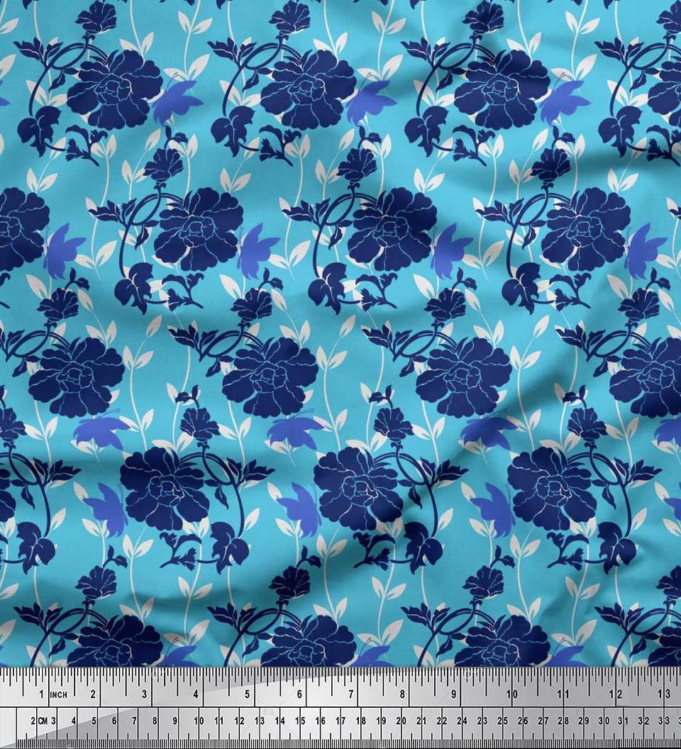 Soimoi Blue Satin Silk Fabric Leaves,Insect & Floral Artistic Decor Fabric Printed BTY 42 Inch Wide