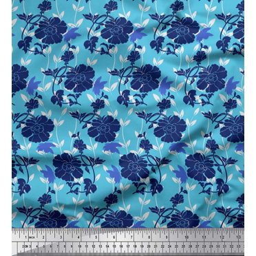 Soimoi Blue Polyester Crepe Fabric Leaves,Insect & Floral Artistic Printed Craft Fabric by The Yard 52 Inch Wide