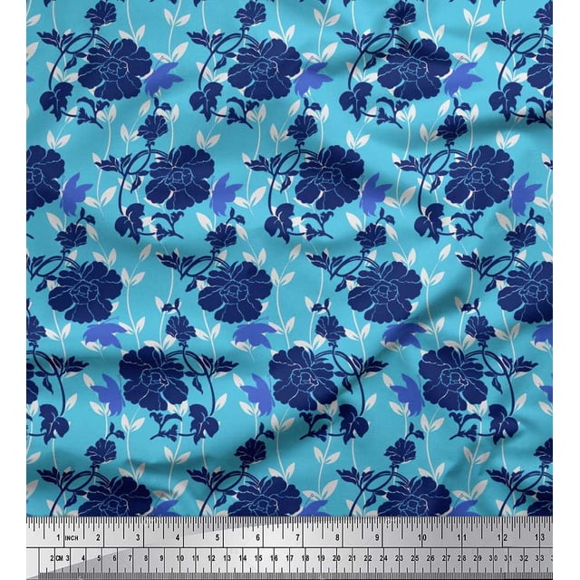 Soimoi Blue Velvet Fabric Leaves,Insect & Floral Artistic Print Sewing Fabric BTY 58 Inch Wide