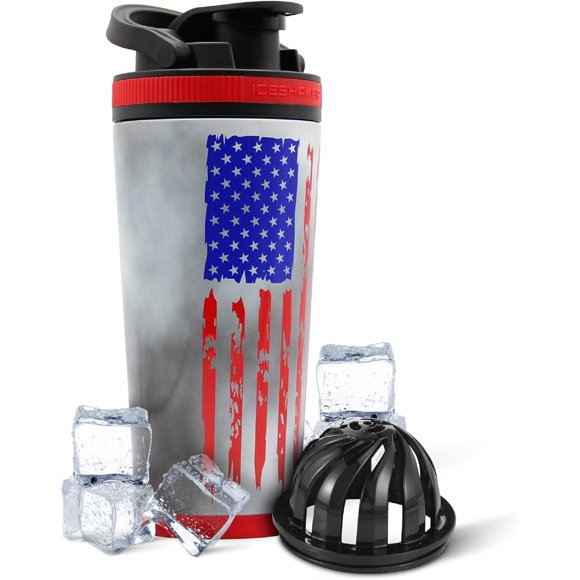 Ice Shaker Insulated Stainless Steel Shaker Bottle | 26oz, American Flag | Cold for 30+ Hours | Insulated Cup with Twist-on Agitator | Odor-Free Shaker Cup for Protein Shakes, Smoothies, Cocktails