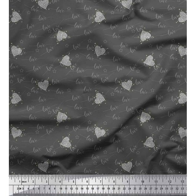 Soimoi Gray Cotton Poplin Fabric Heart & Love Text Fabric Prints By Yard 56 Inch Wide