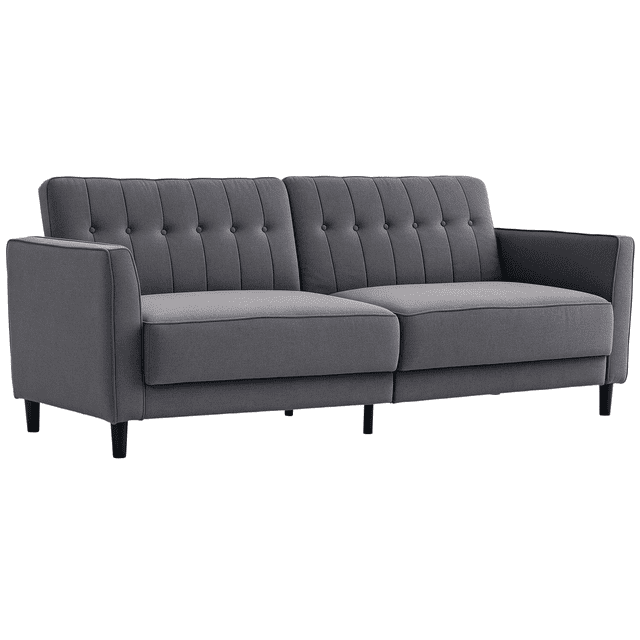 HOMCOM Canapé-Lit Convertible Moderne en Gris Anthracite, avec un design Capitonné à Boutons et des Pattes en Bois de Hêtre Massif. Ce Canapé-Lit futon Pliant Offre 3 angles de Dossier Réglables, Se Transformant d'Un Sofa Trois Places en Fauteuil Inclinable Ou Lit double. Rembourré en Tissu Doux et Respirant Effet Lin avec Rembourrage en Mousse Épaisse pour le Confort. Dimensions comme Canapé: 83.5 Pouces de Large, 32.7 Pouces de Profondeur et 33.5 Pouces de Hauteur. Capacité de Charge : 550 Lb.