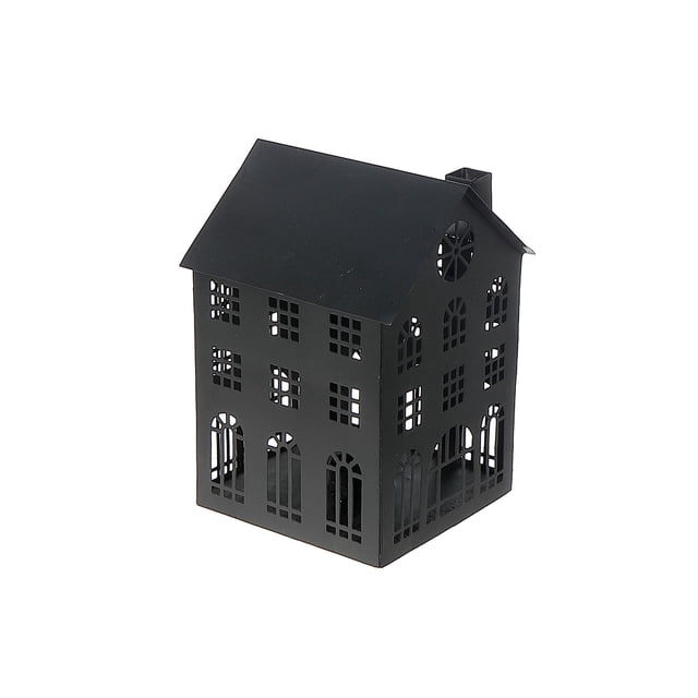 Porte-bougie Chauffe-Plat en Métal Noir (Grand) en Fer Noir durable au design en Forme de Maison avec Fenêtres Découpées Détaillées et Cheminée, Mesurant 6 x 6,5 x 8,75 Pouces, Idéal pour Diffuser Doucement la Lumière des Chandelles sur les Plateaux Ou les Manteaux de Cheminée et Convient aux Chandelles DEL.
