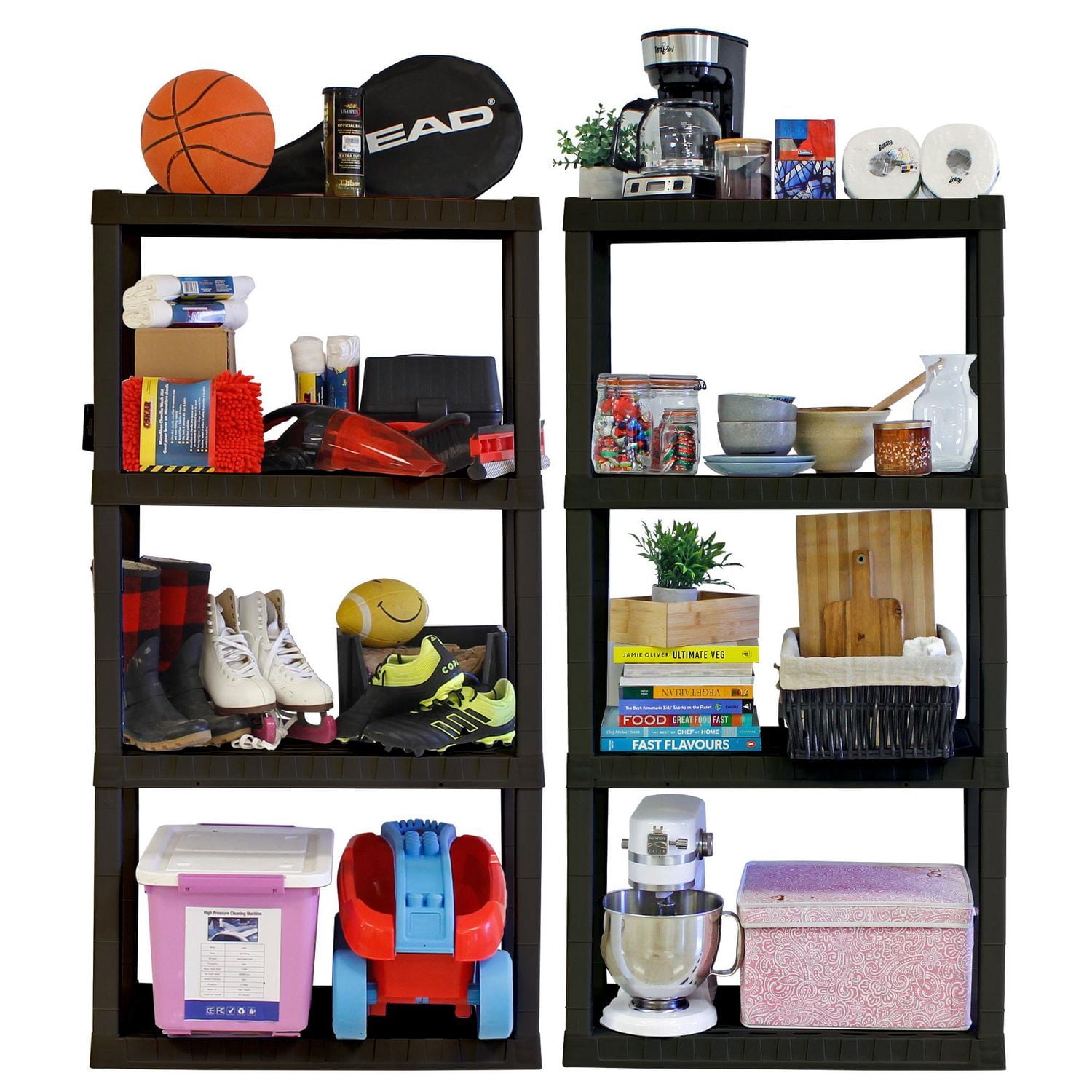 Hyper Tough Plastic Shelf Garage Shelves 4-Tier 57"H x 14"D x 30"W 2-Pack Black-400 lb Total Capacity