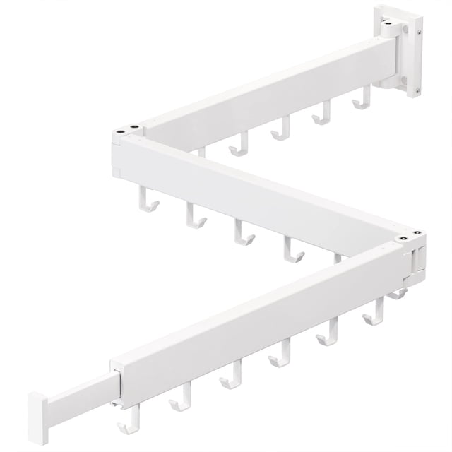 Zootealy Wall Mounted Clothes Hanger Rack, a space-saving retractable drying rack with three collapsible arms and multiple hooks for hanging clothes and towels. Made of durable space aluminum, it features corrosion resistance, strong load-bearing capacity, and 360-degree rotation for versatile use in laundry rooms, balconies, mudrooms, or bedrooms. Drill-in installation ensures secure mounting.