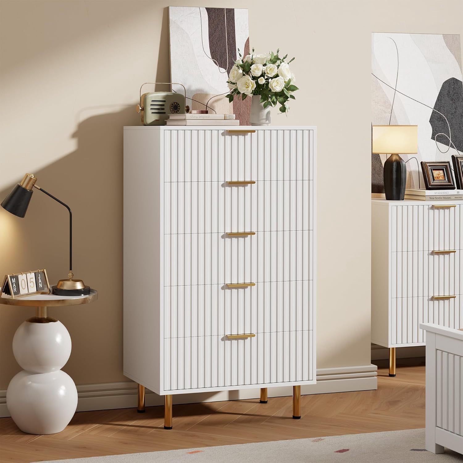 Fluted 5 Drawer Dresser for Bedroom, 48 in Tall Modern Chest of Drawers with Deep Drawers and Wide Top, Wooden Dresser Organizer for Living Room, Hallway, Kids Room, White