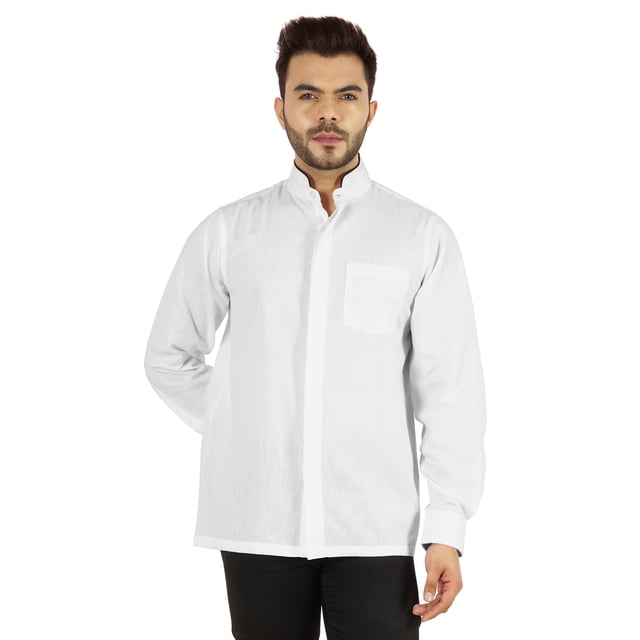 Bestman Solid Long Sleeve Shirt For Mens Front Double Button Placket Chinese Collar Shirt