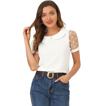 INSPIRE CHIC Haut pour Femme Col Peter Pan Manches Courtes Bouffantes en Maille Blouse Vintage à Pois TP Blanc