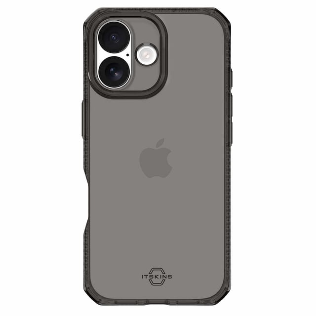 ITSKINS Spectrum_R Case Smoke for iPhone 17 front-facing centered view of a slim translucent smoke-gray case with rounded corners and a low-profile rim for screen and flexible camera protection; faint ITSKINS name on back and matte frosted texture visible on a plain light background; suitable as a minimalist carry option for travel.