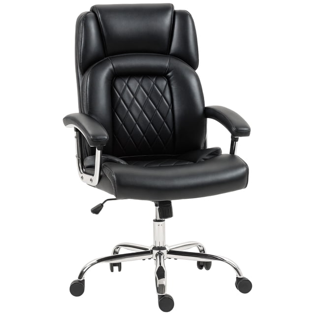 HOMCOM Chaise de Bureau, Chaise de Bureau Grande Taille 400 Lb avec Coussin à Ressort. Cette Chaise de Bureau en Cuir PU Noire Présente un Dossier Haut avec Appuie-Tête Intégré, Siège Épais à Coussin à Ressort et Surpiqûres à Motif Losange sur le Dossier. Elle Comprend une Hauteur de Siège Réglable, une Fonction de Bascule et des Roulettes en PU à Roulement Fluide. la Chaise Supporte jusqu'à 396 Lb et Est Conçue pour les Utilisateurs Grands et Forts, Offrant un Confort Semblable à un Sofa et un Soutien Complet du Corps. la base à Fini Chrome Ajoute une Touche Élégante