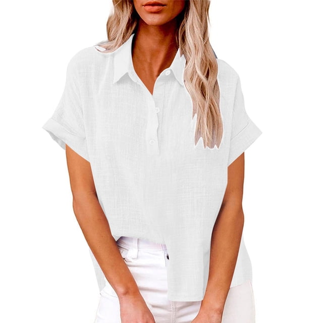 Plebaso Chemises en Coton et Lin pour Femmes à Boutons Col en V T-Shirts Col Léger Manches Courtes Blouses Décontractées