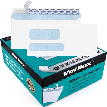ValBox 500 Count #9 Self Seal Security Envelopes 3-7/8x8-7/8" Double Window Envelopes for QuickBooks Invoices, Business Statements and Legal Documents