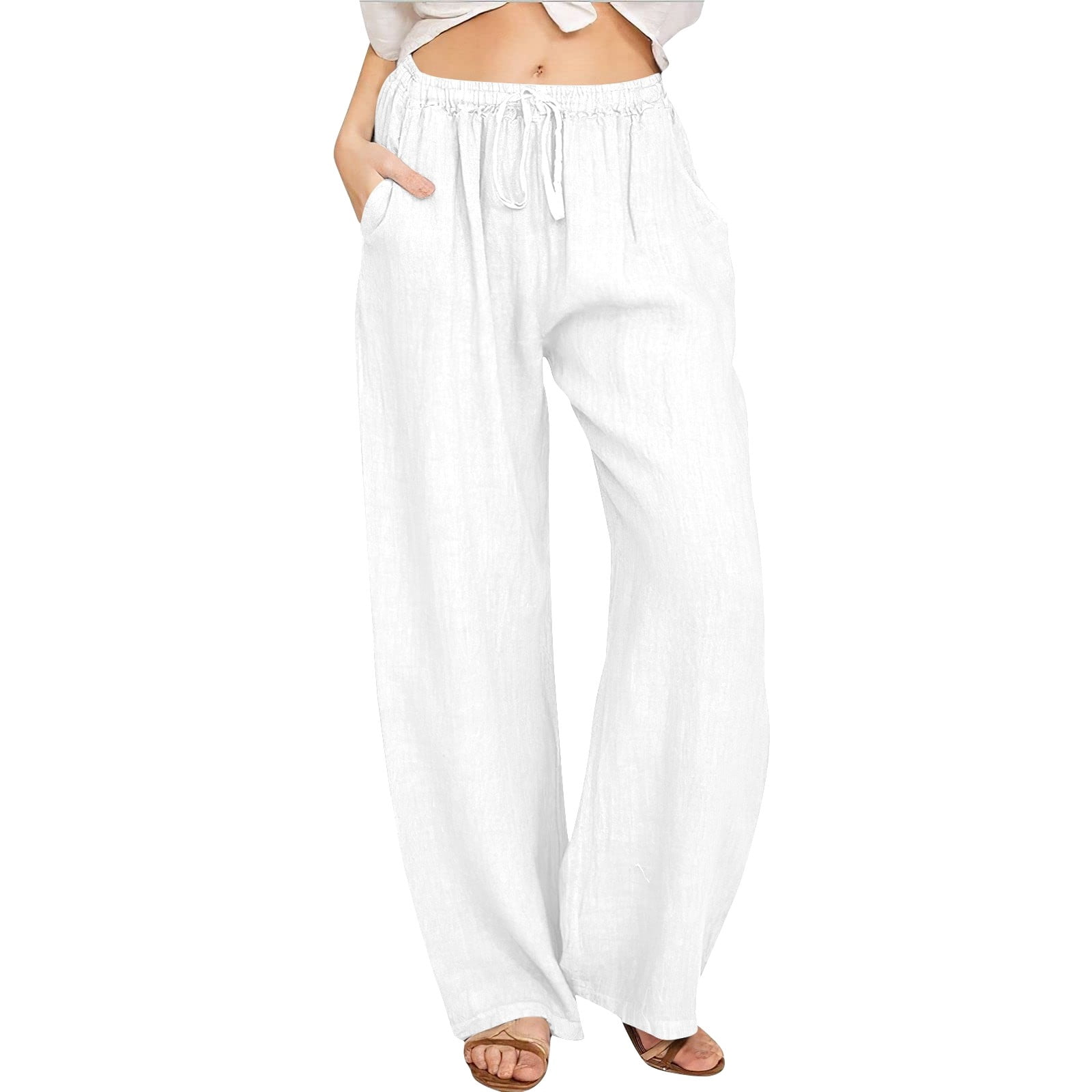 WEIYLL Womens Pants Linen Elastic High Waist Drawstring Wide Leg Yoga White Trousers size L