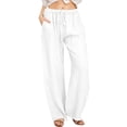 thumbnail image 1 of WEIYLL Womens Pants Linen Elastic High Waist Drawstring Wide Leg Yoga White Trousers size L, 1 of 8