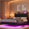 thumbnail image 1 of Bingirl King-Size Floating Bed Frame with LED Lights, Charging Station, Upholstered Platform Bed, Storage Headboard, Wood Slats Support (No Box Spring Needed), Easy Assembly - Black, 1 of 8