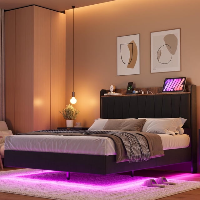Bingirl King-Size Floating Bed Frame with LED Lights, Charging Station, Upholstered Platform Bed, Storage Headboard, Wood Slats Support (No Box Spring Needed), Easy Assembly - Black
