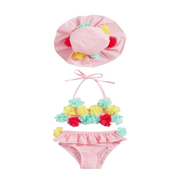 Infant Girls Swimsuits Tie-Up Tank Tops Ruffles Shorts Sun Hat Bikini Split Swimwear Set