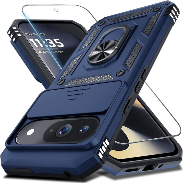KOMI Case Compatible with Google Pixel 9/9 Pro Built in Slide Camera Lens Cover+Screen Protector+Finger Ring Holder Kickstand,Heavy Duty Shockproof Full Body Protective Phone Cover, Blue