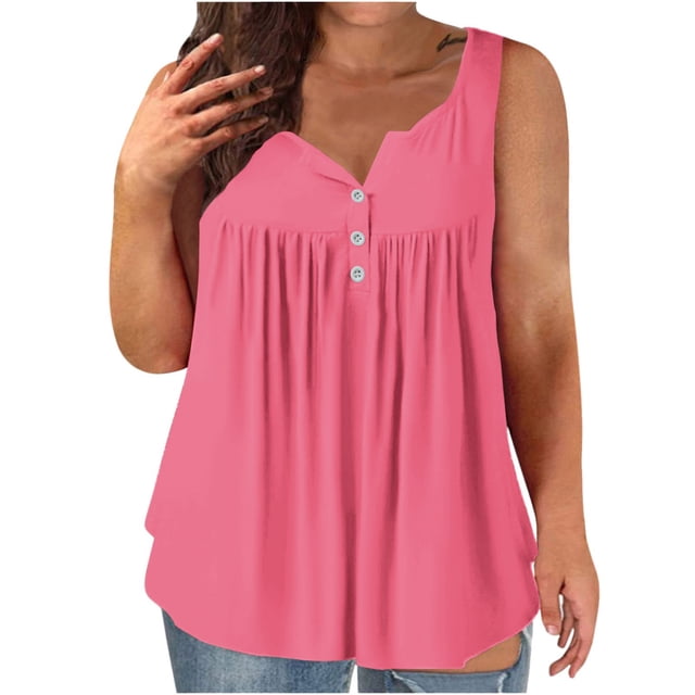 Dealovy Plus Size Tank Tops for Women Casual Sleeveless Scoop Neck Buttons Ruched Solid Color Loose Flowy Tees
