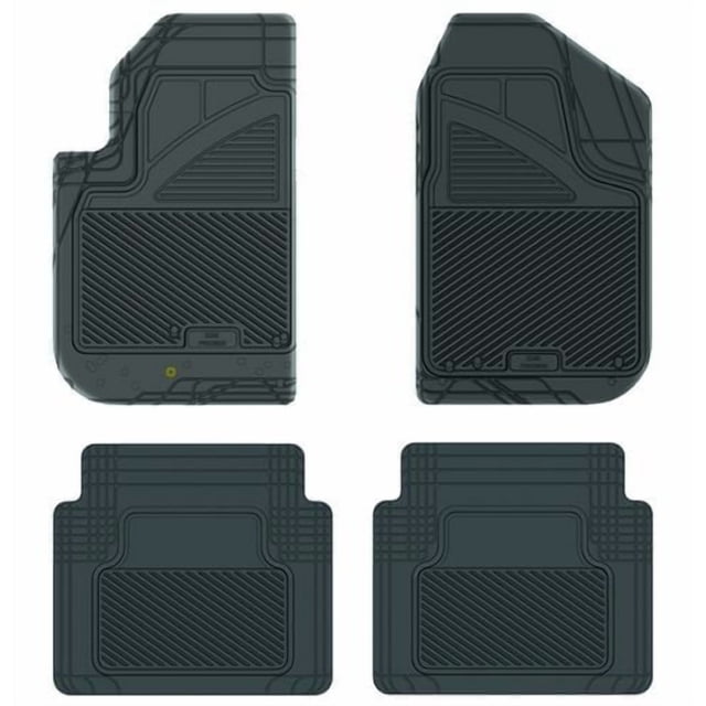 Koolatron Pants Saver Custom Fit 4 Piece Pontiac (black) 2005+ Pursuit car floor mats set shown from above, featuring two front and two rear black mats with raised contour borders and diagonal textured grip zones for all-season protection and non-slip grip, custom tailored for Pontiac vehicles.