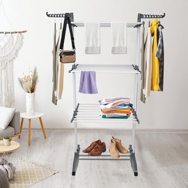 Support de Séchage pour Vêtements, Séchoir à Linge Pliable Surdimensionné à 4 Niveaux (68,9 Po de Hauteur), Séchoir à Vêtements, Support de Cintres pour Vêtements avec 2 Ailes Latérales et 4 Roulettes