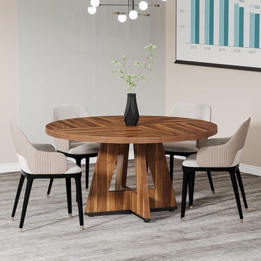 Tribesigns Table de Conférence Ronde en Bois de 47 Pouces pour 4 à 6 Personnes, Table de Salle de Réunion Moderne avec Plateau Épais, Base en Bois et Patins de Pieds Ajustables, Brun