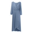 thumbnail image 4 of Robes d'Été pour Femmes 2025 Robe en Chiffon Col en V Manches Longues Plissée Longueur Midi Bleu Ciel m, 4 of 5