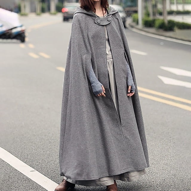 XZNGL Women Autumn Fashion Solid Hooded Button Cloak Split Fork Woolen Coat