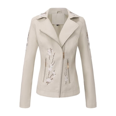 Amzcrzy Leather Jacket Women Women's Embroidered Double Pocket Long Sleeve Headless Turndown Collar Zipper Leather Jacket Jackets for Women Womens Long Sleeve Tops Womens Jacket Women's Clothing