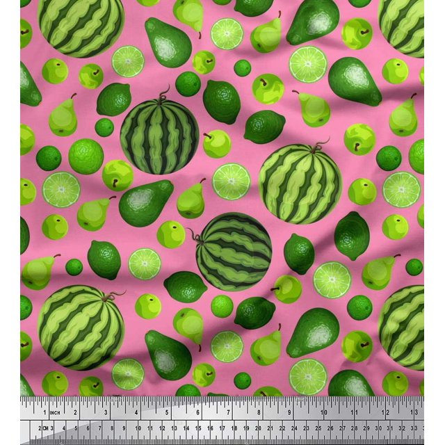 Soimoi Poly Georgette Fabric Pear,Lemon & Watermelon Fruits Print Sewing Fabric Yard 52 Inch Wide