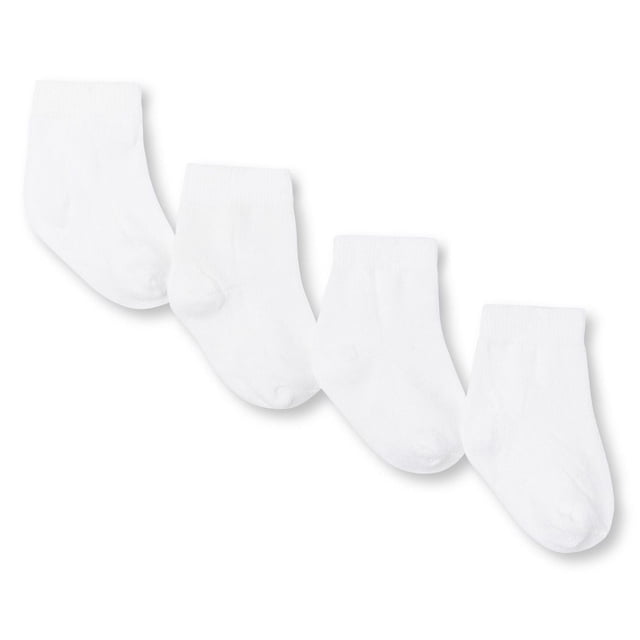George Infants' Unisex Neutral Layette Socks 4-Pack with four pairs of white crew-length knit baby socks made from a soft cotton blend featuring stretch fit, arranged diagonally on a white background for infant comfort and everyday wear.