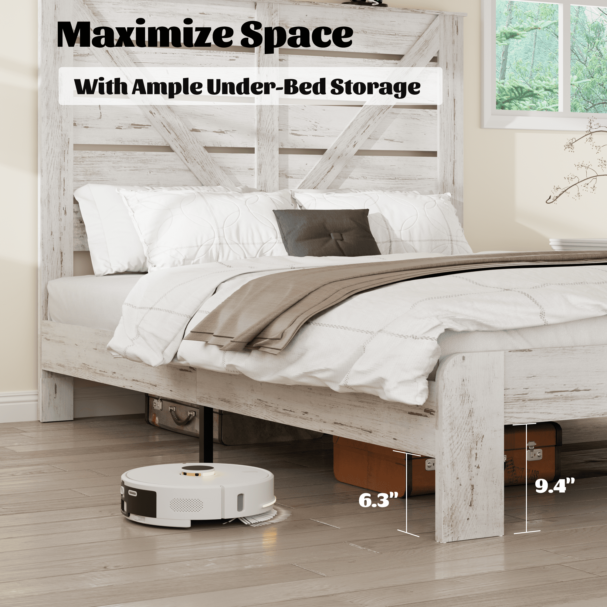 Noble House Queen Wood Platform Bed,Underbed Storage & Charging Station with White Headboard Light,Metal Base,White