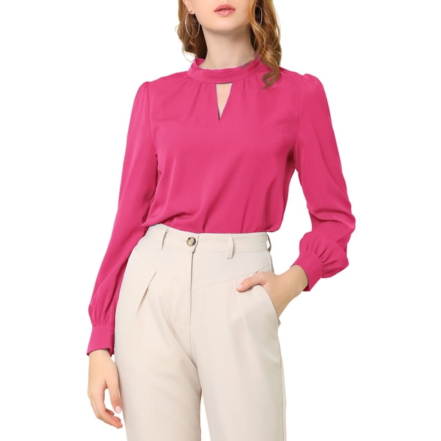 INSPIRE CHIC Women's Stand Collar Pleated Button Keyhole Button Blouse