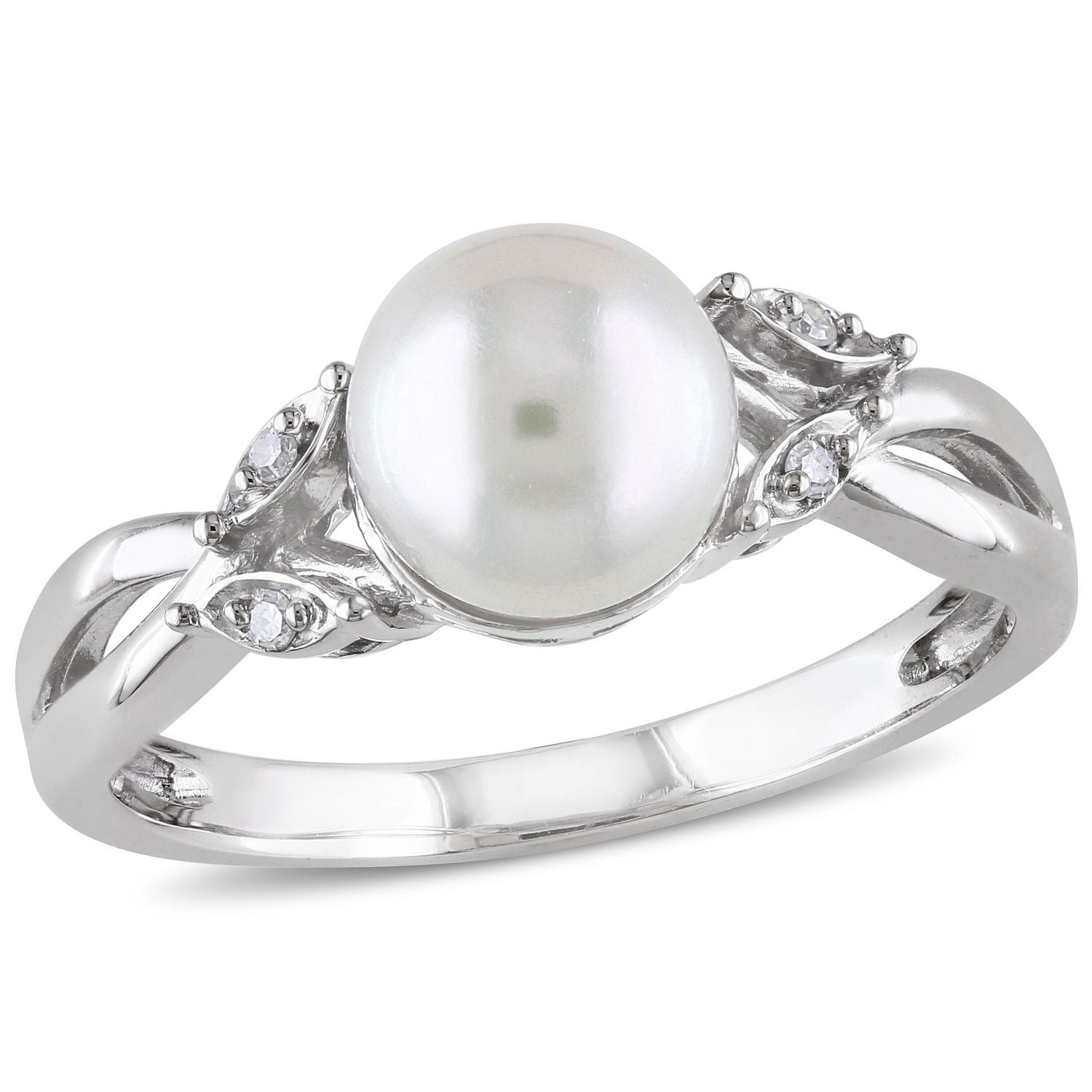 Bague croisée Miabella avec perle cultivée d'eau douce 7,5-8mm et accents de diamants en or blanc 10K