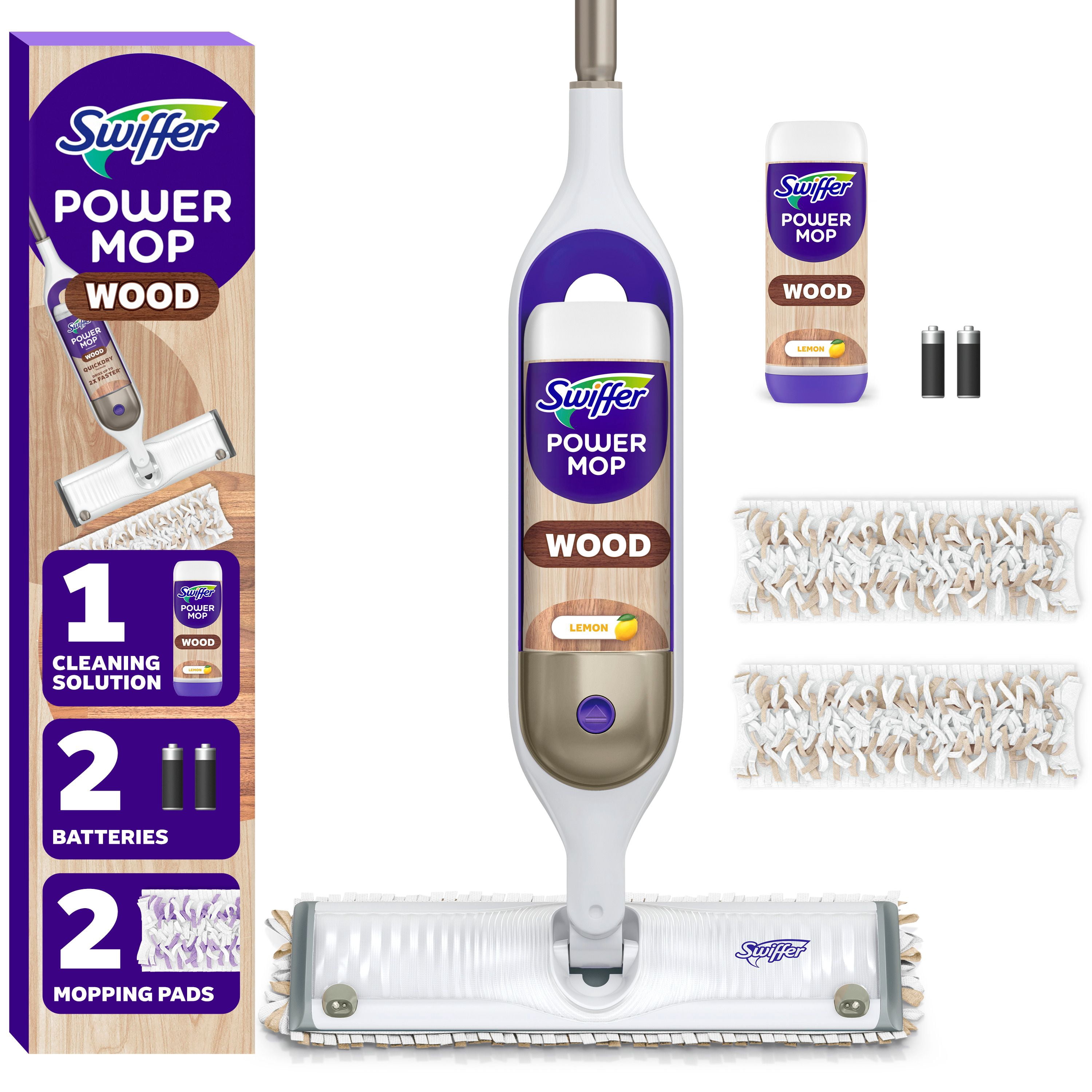 Swiffer PowerMop Wood Mop Kit for Wood Floor Cleaning, QuickDry Solution with Lemon Scent, Mopping Kit Includes PowerMop Wood, 2 Mopping Pad Refills, 1 QuickDry Wood Floor Cleaning Solution with Lemon