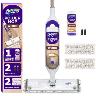 Swiffer PowerMop Wood Mop Kit for Wood Floor Cleaning, QuickDry Solution with Lemon Scent, Mopping Kit Includes PowerMop Wood, 2 Mopping Pad Refills, 1 QuickDry Wood Floor Cleaning Solution with Lemon