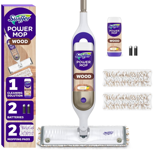 Swiffer PowerMop Wood Mop Kit for Wood Floor Cleaning, QuickDry Solution with Lemon Scent, Mopping Kit Includes PowerMop Wood, 2 Mopping Pad Refills, 1 QuickDry Wood Floor Cleaning Solution with Lemon — centered, front-facing view of the spray mop with textured refill pad attached, spare pad and labeled lemon QuickDry solution bottle visible; dirt-illuminating lights and plastic spray trigger visible; often used for quick hardwood floor touch-ups in kitchens and entryways.