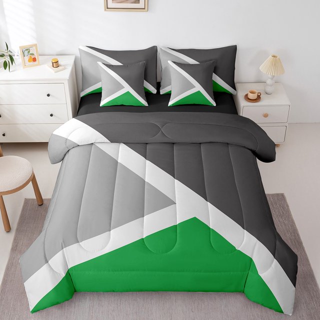 YST Green And Gray Geometric Triangle 7-Piece Comforter Set, King, Rustic Home Room Decor, Patchwork Geometry