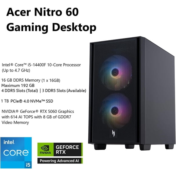 Acer Nitro 60 Gaming PC - Intel i5-14400F| 16G DDR5| 1TB SSD| Nvidia GeForce RTX 5060| W11 - Excellent Recertified with 1 Year Acer Manufacturer Warranty