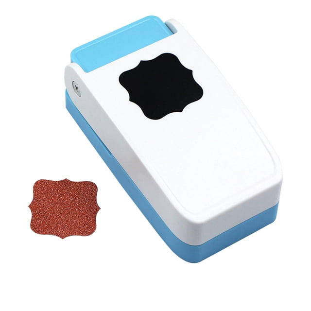 Craft Hole Punch Embossing Punch Handmade Scrapbook Paper Puncher by PANGJIFA, featuring a white and blue ABS and zinc alloy design with a decorative photo frame-shaped punch. Offers nine crafting patterns including heart-shaped, butterfly, chrysanthemum, and hexagon. Ideal for DIY albums, card making, and engraving supplies. Compatible with paper, EVA foam, aluminum foil, and PVC materials.