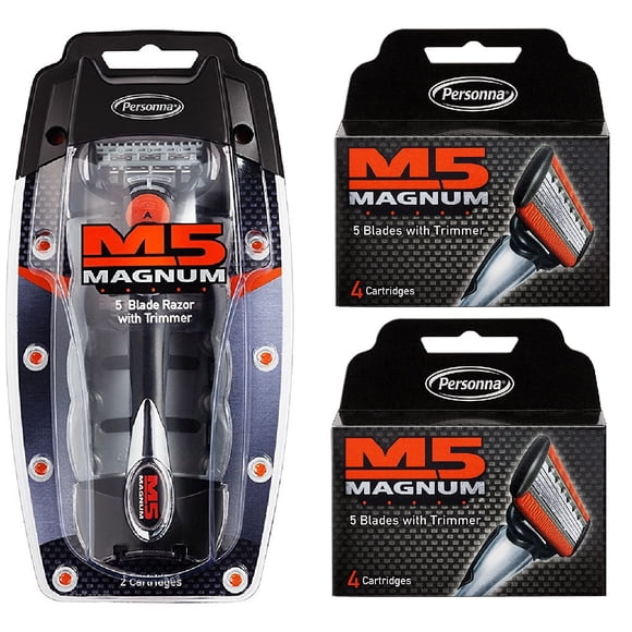Personna M5 Magnum 5 Rasoir avec Tondeuse + Cartouches de Recharge de Lame de Rasoir M5 Magnum 5, 4 Unités (Lot de 2)