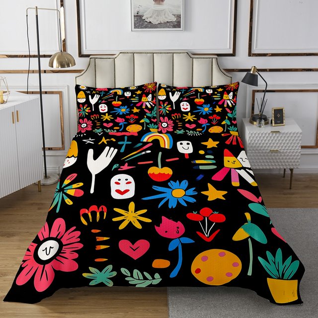 Erosebridal Colorful Flower Floral Coverlet Set Queen, Groovy Blossoms Leaves Bedding Set 3 Pieces