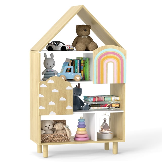 Gymax House-Shaped Kids Bookshelf 4-Tier Toy Storage Organizer with open compartments and enclosed cabinets. The bookshelf features a house-shaped design with rainbow and cloud motifs, made from MDF, pine wood, and engineered wood in a natural finish. It includes four tiers for organizing books, toys, and other items, with a kid-friendly height and anti-slip foot pads for stability. The bookshelf is shown in a playroom setting, decorated with toys, books, and accessories.