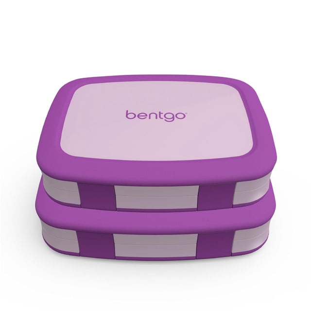 Lot de 2 Bentgo Boîtes à lunch bento Violettes pour Enfants Empilées, Chacune avec Cinq Compartiments, Bords Violets Revêtus de Caoutchouc et Couvercles Violets Pâles, Idéal pour les Repas à Portions Contrôlées des Enfants et Loquets Faciles à Ouvrir.