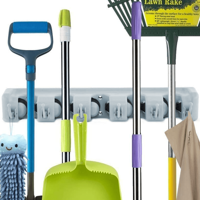 Broom Mop Holder, Wall Mount, Mop Holder, Mop and Broom Holder Organiser, Wall Rack Rake, Broom Mop Rack, Organiser Rail Wall Holder with 6 Hooks and 5 Quick Releases for Mop